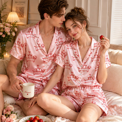 PJ-095-Unisex Dachshund Martini Line Art Satin Pajama Set with High Quality Pink Dog Print