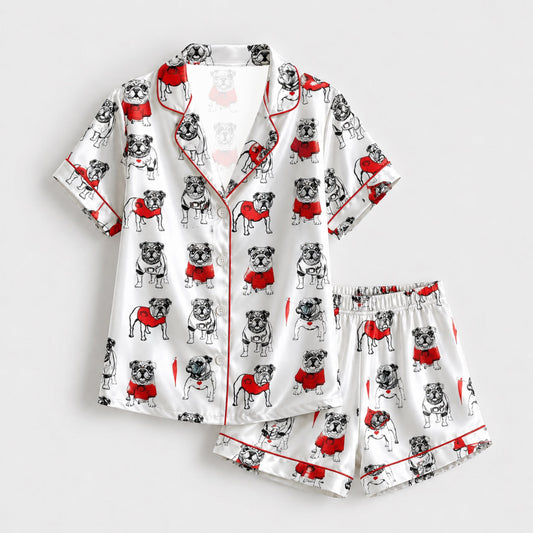 PJ-096-Unisex Bulldog Red Sweater Satin Pajama Set with High Quality Dog Illustration Print