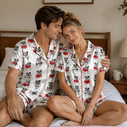 PJ-096-Unisex Bulldog Red Sweater Satin Pajama Set with High Quality Dog Illustration Print
