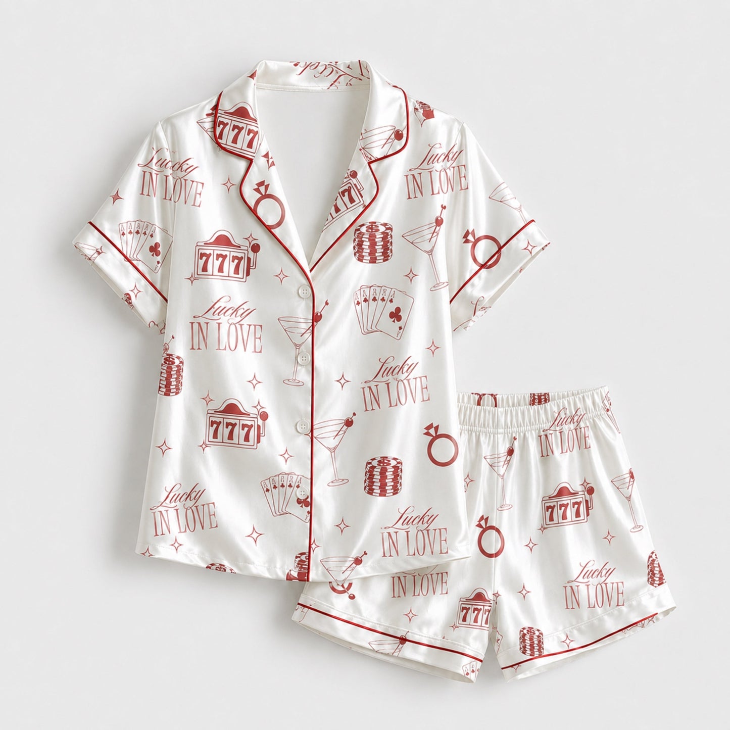PJ-097-Vegas Inspired Satin Pajama Set, Red Lucky In Love Print, Soft Button Up Nightwear Gift