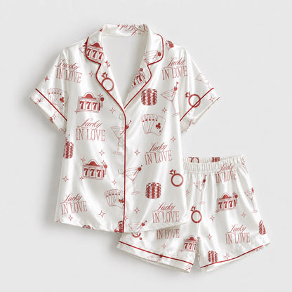 PJ-097-Vegas Inspired Satin Pajama Set, Red Lucky In Love Print, Soft Button Up Nightwear Gift