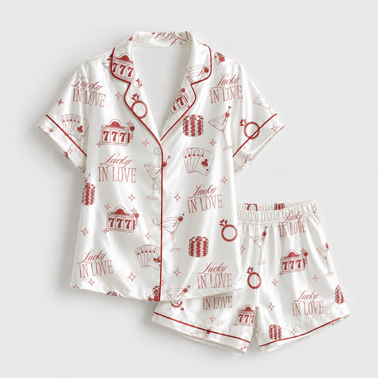 PJ-097-Vegas Inspired Satin Pajama Set, Red Lucky In Love Print, Soft Button Up Nightwear Gift