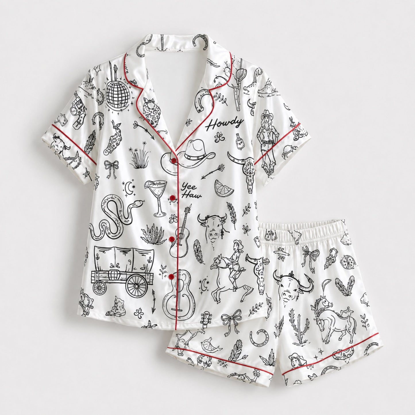 PJ-098-Unisex Western Cowboy Rodeo Satin Pajama Set with High Quality Ranch Illustration Print
