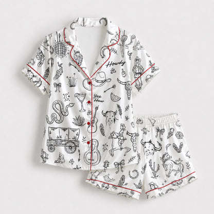 PJ-098-Unisex Western Cowboy Rodeo Satin Pajama Set with High Quality Ranch Illustration Print