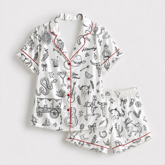PJ-098-Unisex Western Cowboy Rodeo Satin Pajama Set with High Quality Ranch Illustration Print