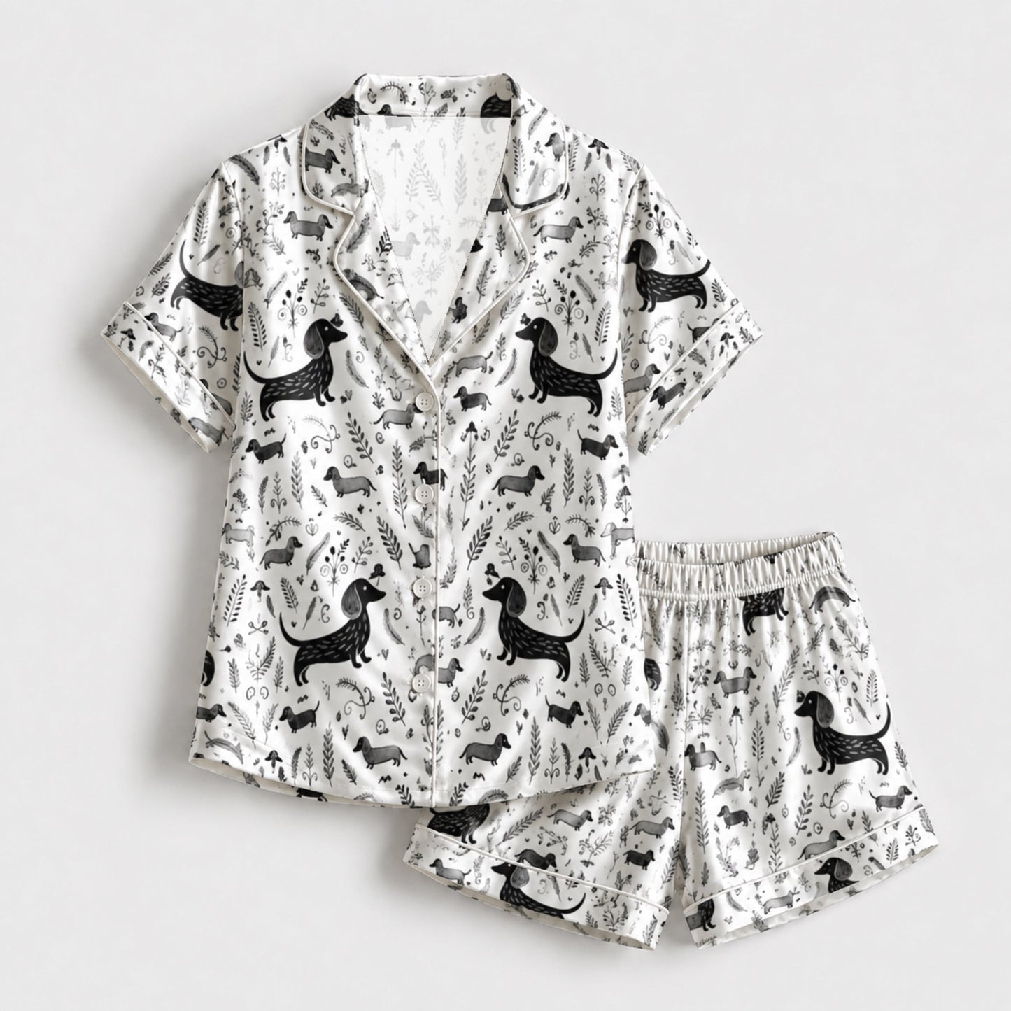 PJ-099-White Unisex Satin Dachshund Pattern Pajamas Black Grey Puppy Loungewear Sleepwear Nightwear Apparel Matching Set