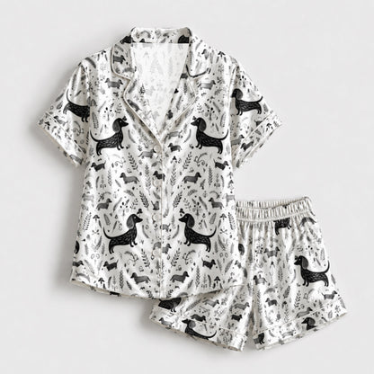 PJ-099-White Unisex Satin Dachshund Pattern Pajamas Black Grey Puppy Loungewear Sleepwear Nightwear Apparel Matching Set