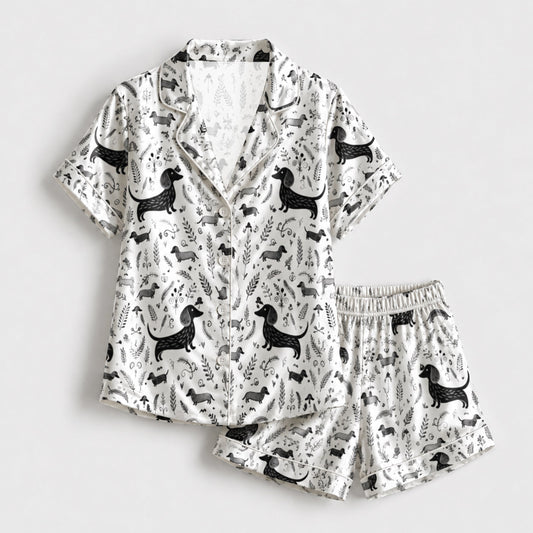 PJ-099-White Unisex Satin Dachshund Pattern Pajamas Black Grey Puppy Loungewear Sleepwear Nightwear Apparel Matching Set