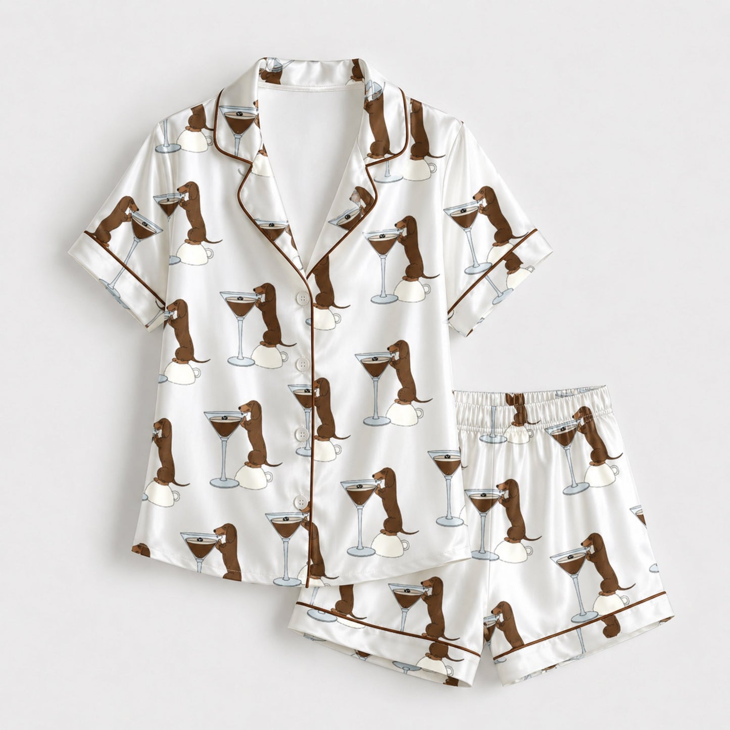 PJ-100-Dachshund Martini Satin Pajama Set With Dog Print Button Up Shirt And Matching Lounge Bottoms