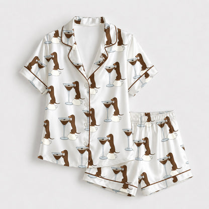 PJ-100-Dachshund Martini Satin Pajama Set With Dog Print Button Up Shirt And Matching Lounge Bottoms