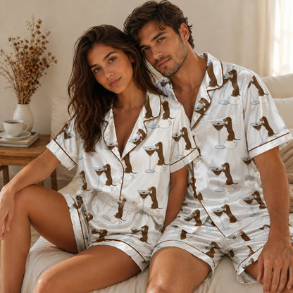 PJ-100-Dachshund Martini Satin Pajama Set With Dog Print Button Up Shirt And Matching Lounge Bottoms