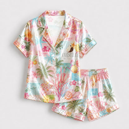 PJ-101-Unisex Pink Satin Novelty Beach Theme Pajamas Button Up Sleepwear Nightwear Loungewear Summer Clothing Set