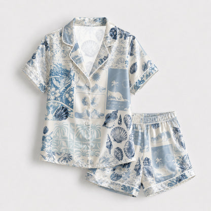 PJ-102-Blue Unisex Satin Palm Tree Pattern Pajamas Toile Nautical Graphic Loungewear Sleepwear Nightwear Apparel Matching Set