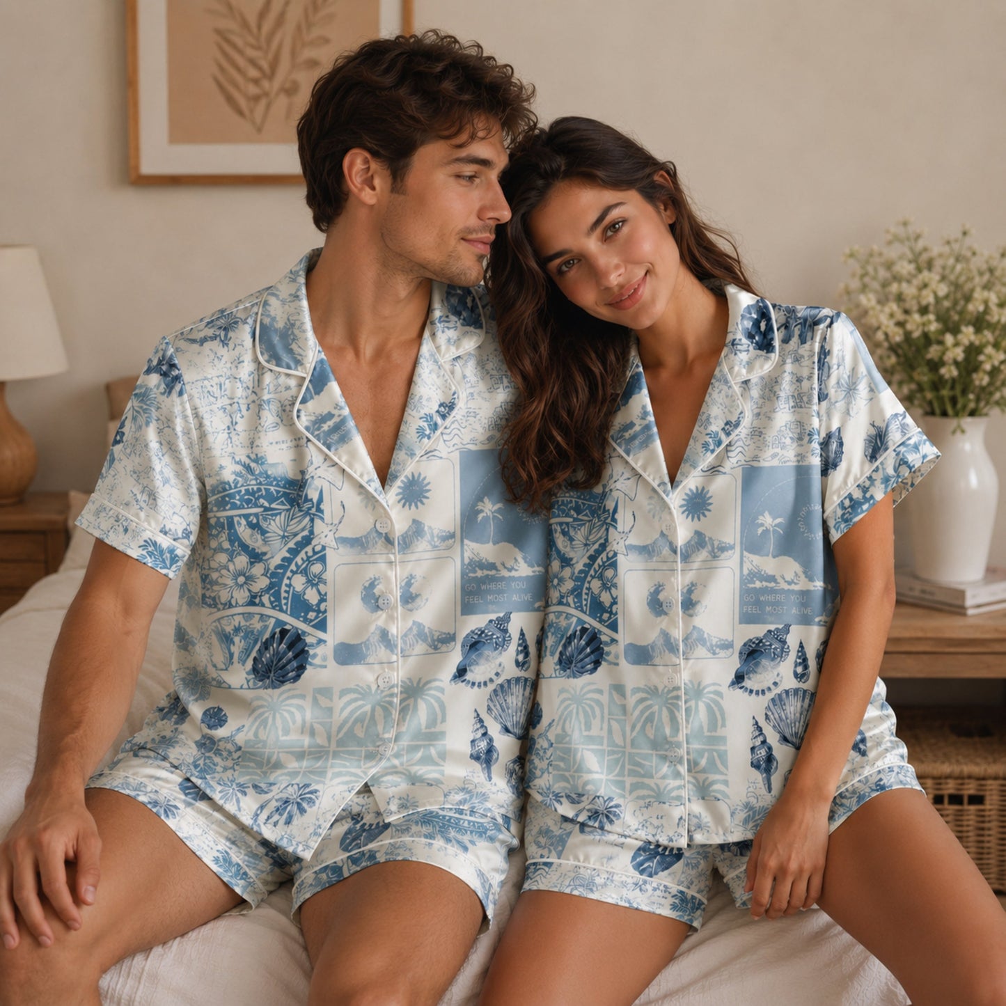 PJ-102-Satin Blue Coastal Patchwork White Piping Button Up Pajama Set