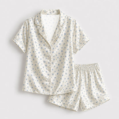 PJ-103-Couples Matching Satin Antique Botanical Pattern Pajamas French Country Bloom Theme Loungewear Sleepwear Nightwear Apparel Set