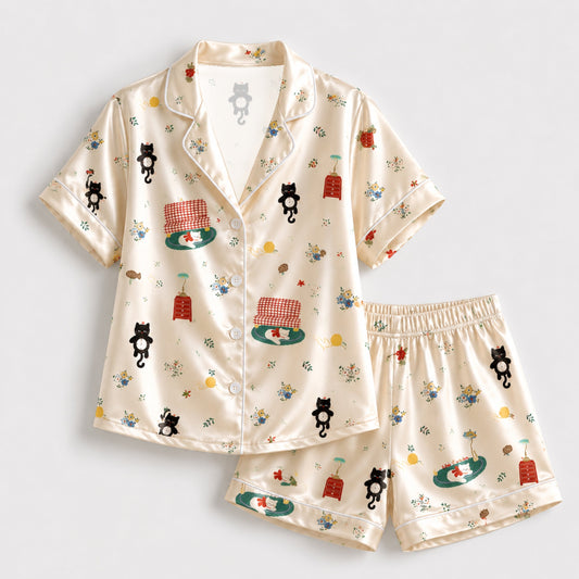 PJ-104-Unisex Cream Satin Whimsical Feline Theme Pajamas Button Up Sleepwear Nightwear Loungewear Animal Clothing Set