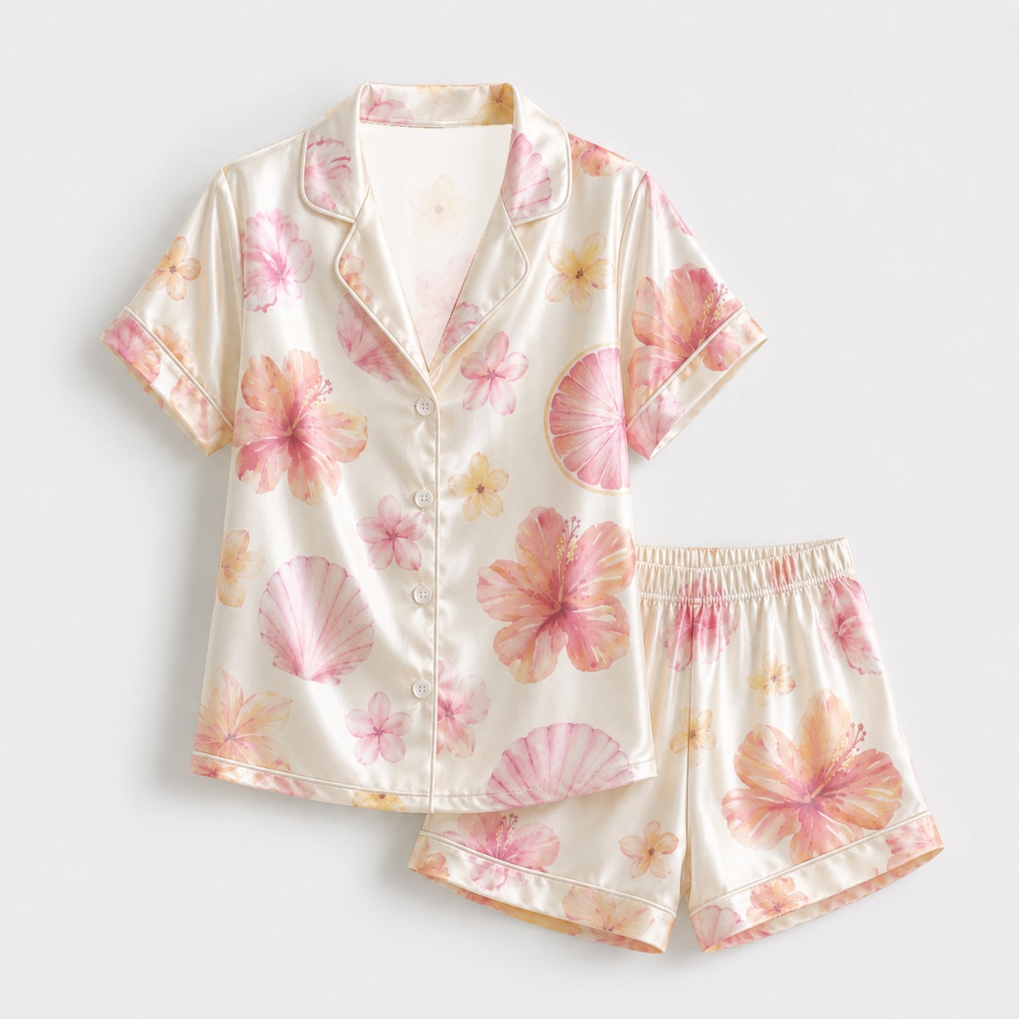 PJ-106-Satin Ivory Island Hibiscus Classic Piping Button Up Pajama Set