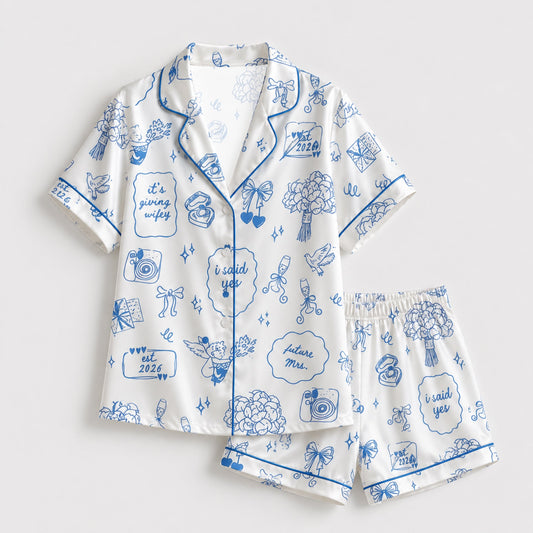 PJ-107-Unisex White Satin Future Mrs Theme Pajamas Button Up Sleepwear Nightwear Loungewear Engagement Clothing Set