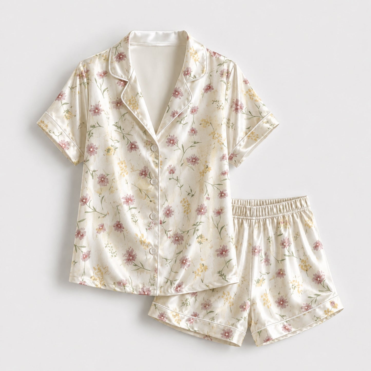 PJ-108-Pink Ditsy Floral Print Satin Pajamas Wildflower Cottagecore Loungewear Sleepwear Nightwear Pjs Two Piece Set