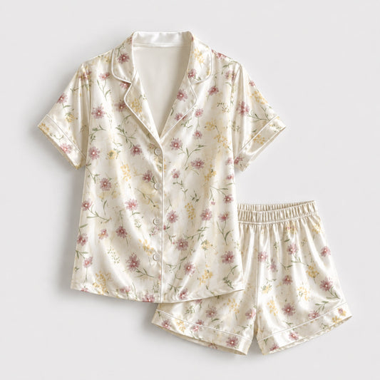 PJ-108-Pink Ditsy Floral Print Satin Pajamas Wildflower Cottagecore Loungewear Sleepwear Nightwear Pjs Two Piece Set
