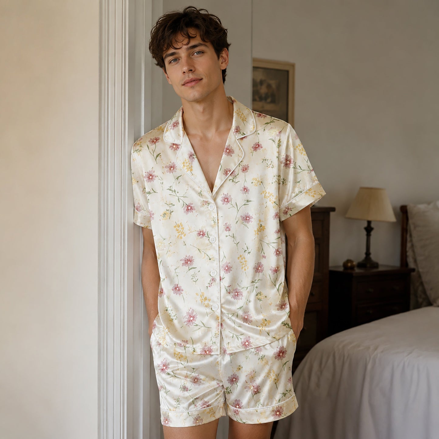 PJ-108-Pink Ditsy Floral Print Satin Pajamas Wildflower Cottagecore Loungewear Sleepwear Nightwear Pjs Two Piece Set