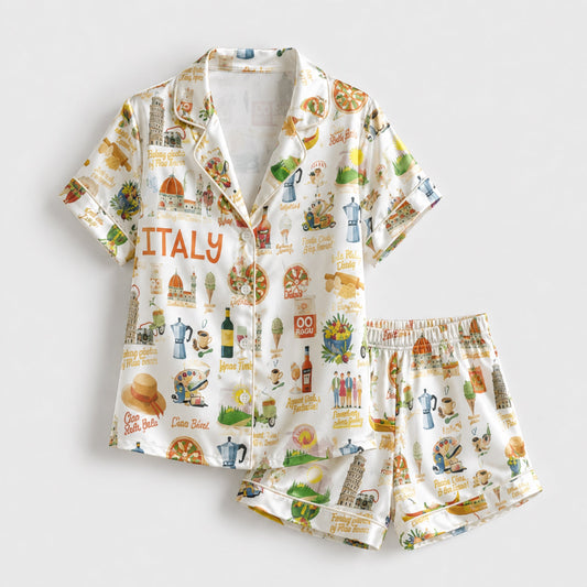 PJ-109-Unisex Italy Travel Print Satin Pajamas Vacation Positano Loungewear Sleepwear Nightwear Pjs Two Piece