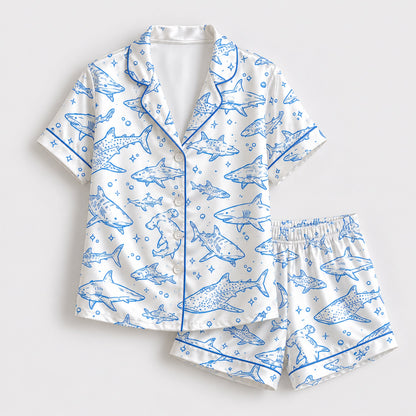 PJ-110-Unisex Men Women Cream Shark Print Satin Pajamas Nautical Great White Loungewear Sleepwear Nightwear Pjs Set