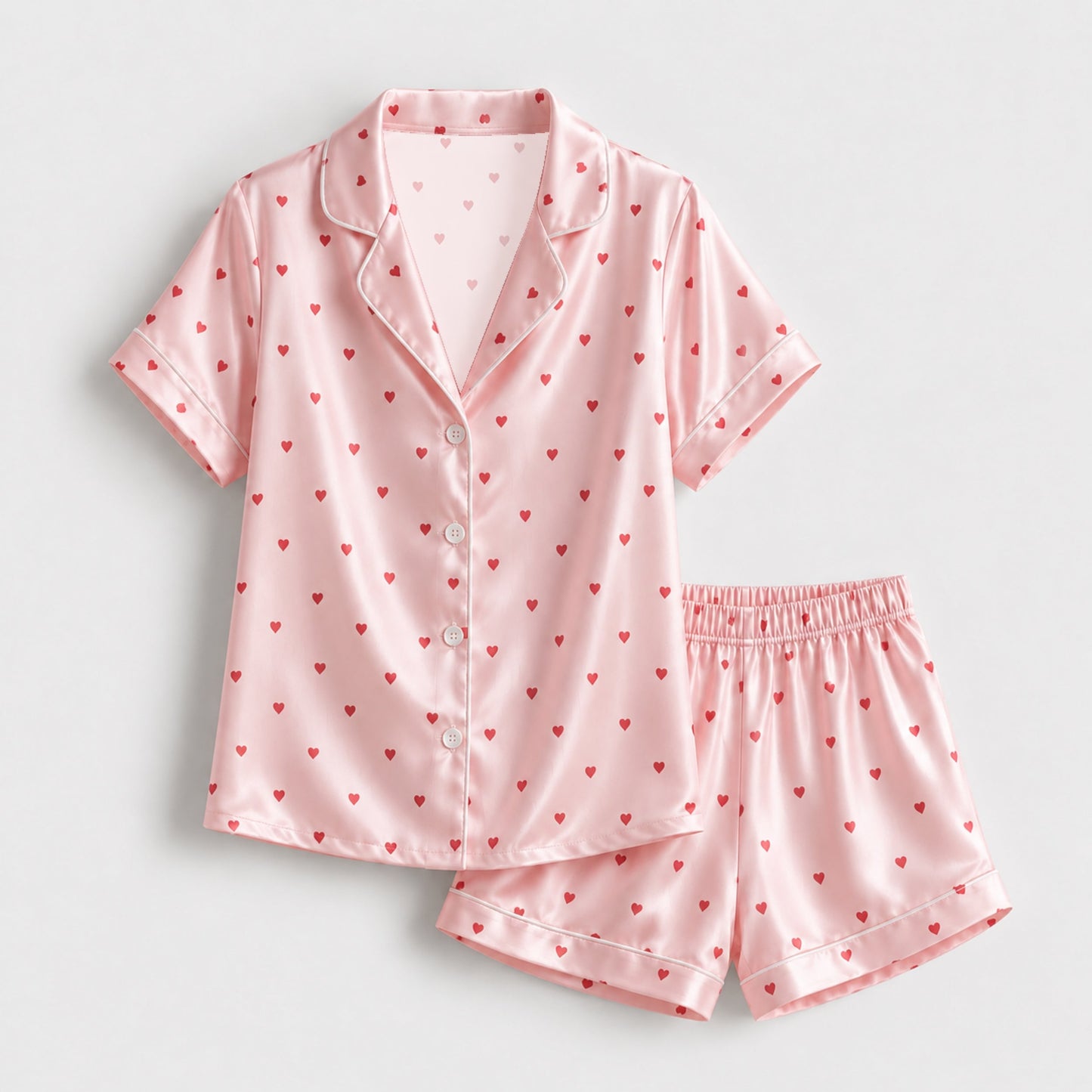 PJ-111-Unisex Men Women Pink Ditsy Heart Print Satin Pajamas Romantic Valentine Loungewear Sleepwear Nightwear Pjs Set