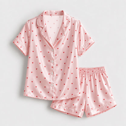 PJ-111-Unisex Men Women Pink Ditsy Heart Print Satin Pajamas Romantic Valentine Loungewear Sleepwear Nightwear Pjs Set