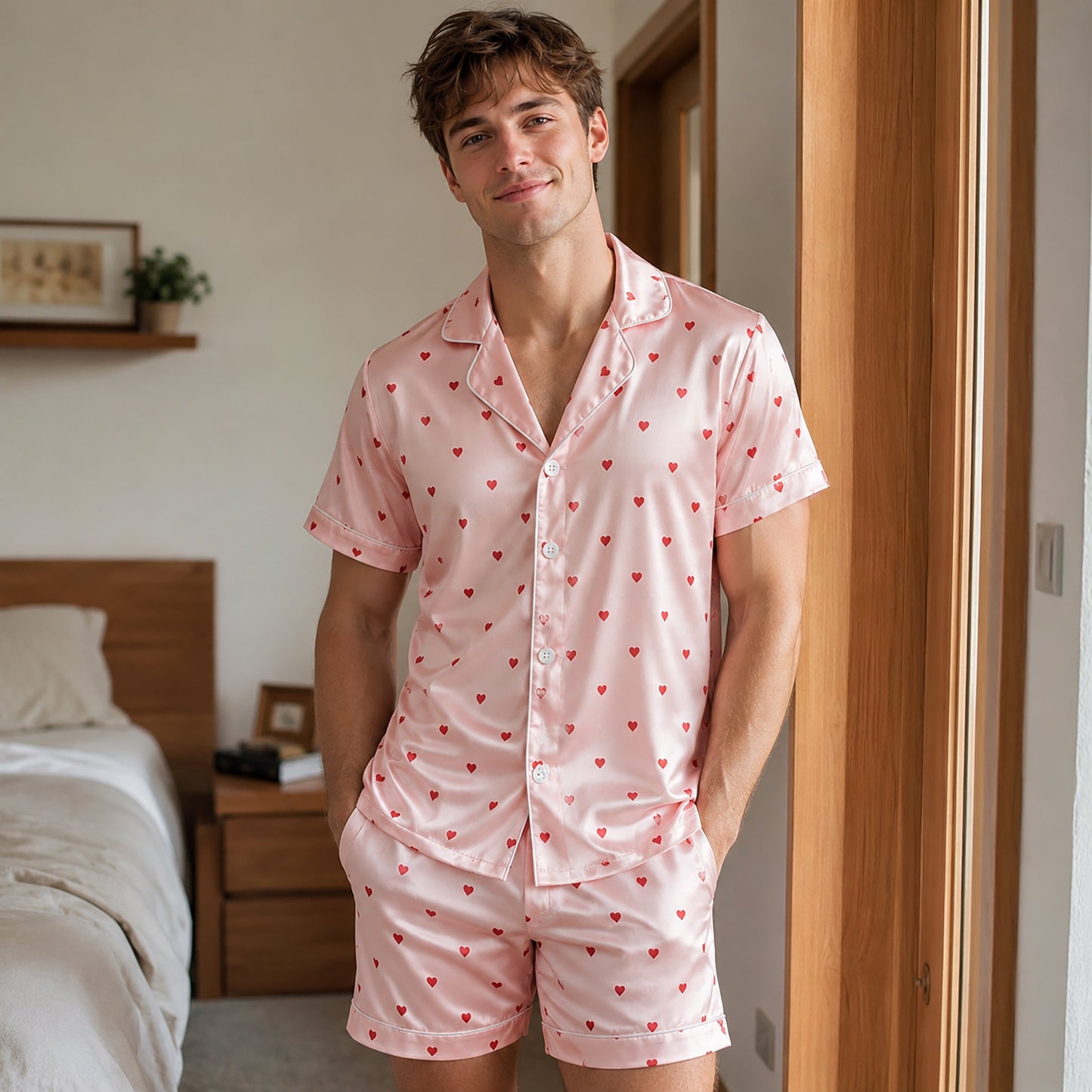 PJ-111-Unisex Men Women Pink Ditsy Heart Print Satin Pajamas Romantic Valentine Loungewear Sleepwear Nightwear Pjs Set