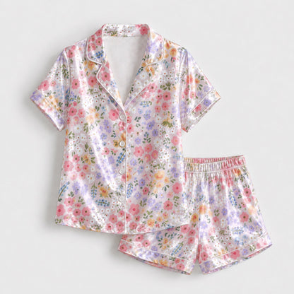 PJ-113-Pink Ditsy Floral Print Satin Pajamas Cottagecore Wildflower Loose Fit Loungewear Sleepwear Nightwear Pjs Clothing Set