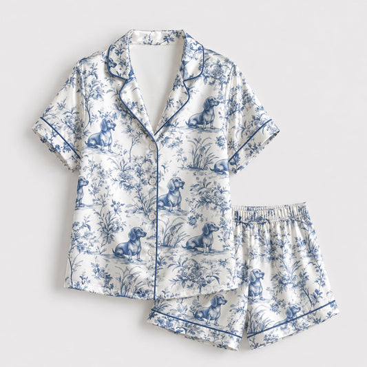 PJ-115-Satin Ivory Dachshund Toile Navy Piping Button Up Pajama Set