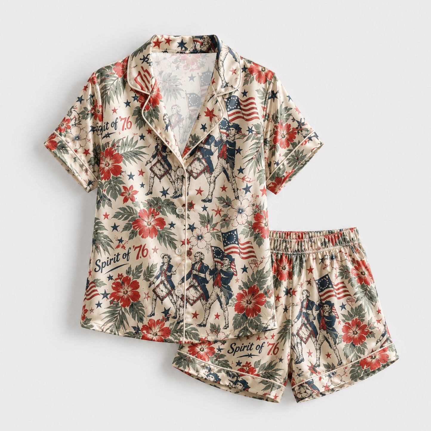 PJ-116-Satin Champagne Tropical Americana Classic Piping Button Up Pajama Set