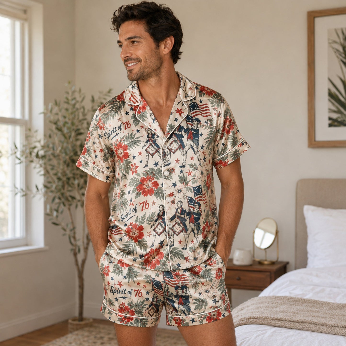 PJ-116-Satin Champagne Tropical Americana Classic Piping Button Up Pajama Set