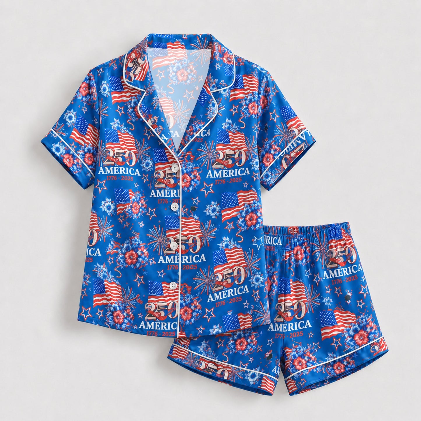 PJ-117-Patriotic Floral Satin Pajama Set With Colonial Drum Flag Print And Button Up Shirt