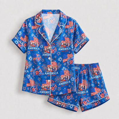 PJ-117-Patriotic Floral Satin Pajama Set With Colonial Drum Flag Print And Button Up Shirt