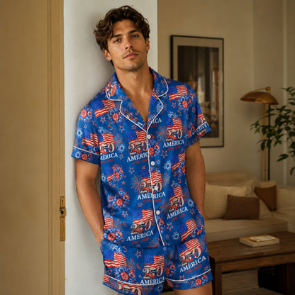 PJ-117-Patriotic Floral Satin Pajama Set With Colonial Drum Flag Print And Button Up Shirt