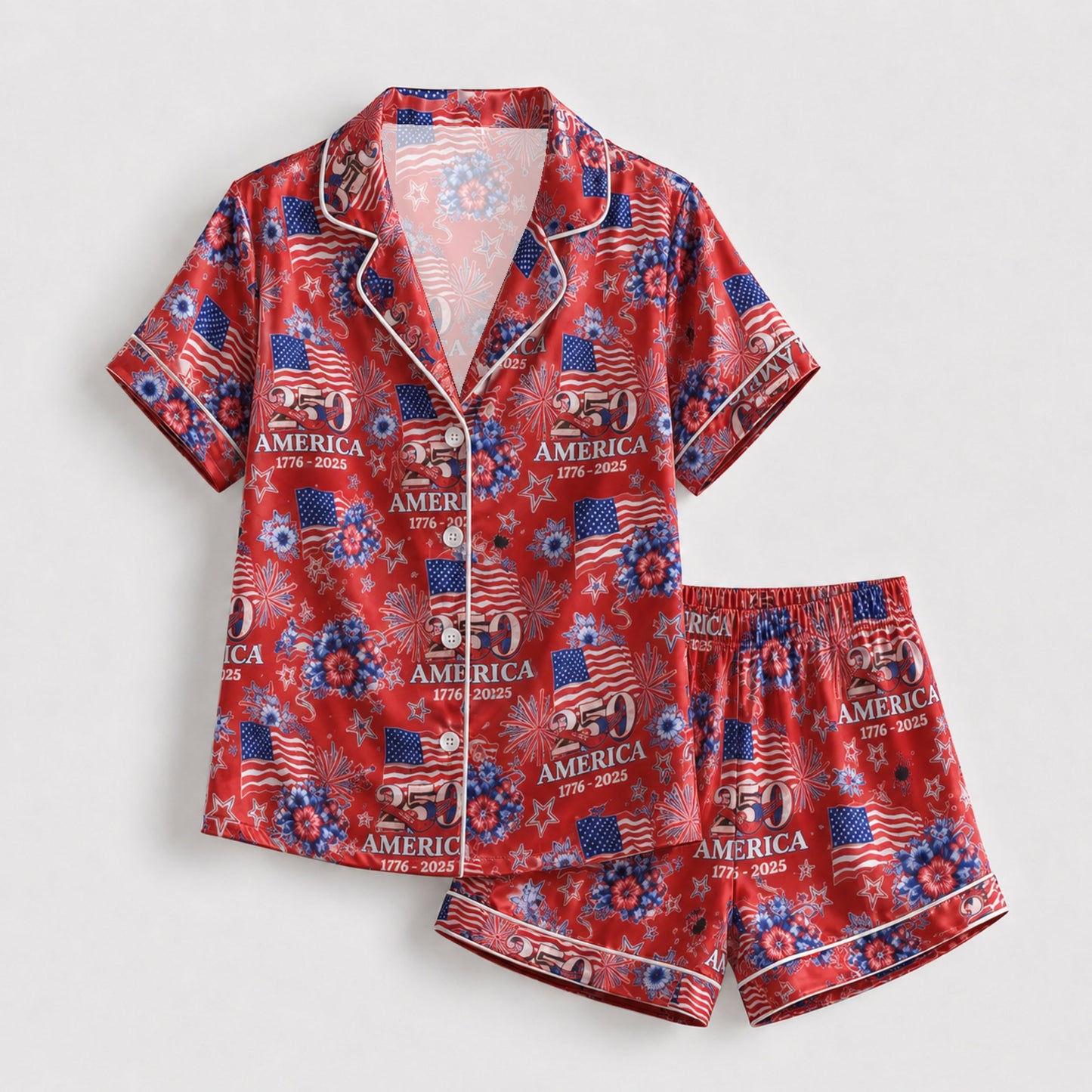 PJ-117-Patriotic Floral Satin Pajama Set With Colonial Drum Flag Print And Button Up Shirt