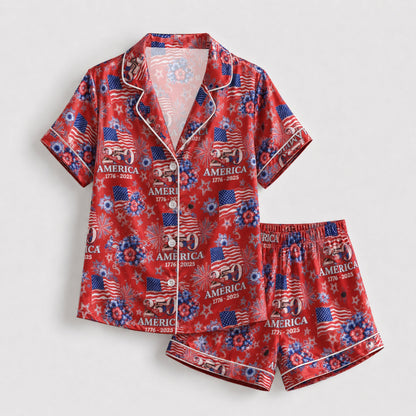 PJ-117-Patriotic Floral Satin Pajama Set With Colonial Drum Flag Print And Button Up Shirt