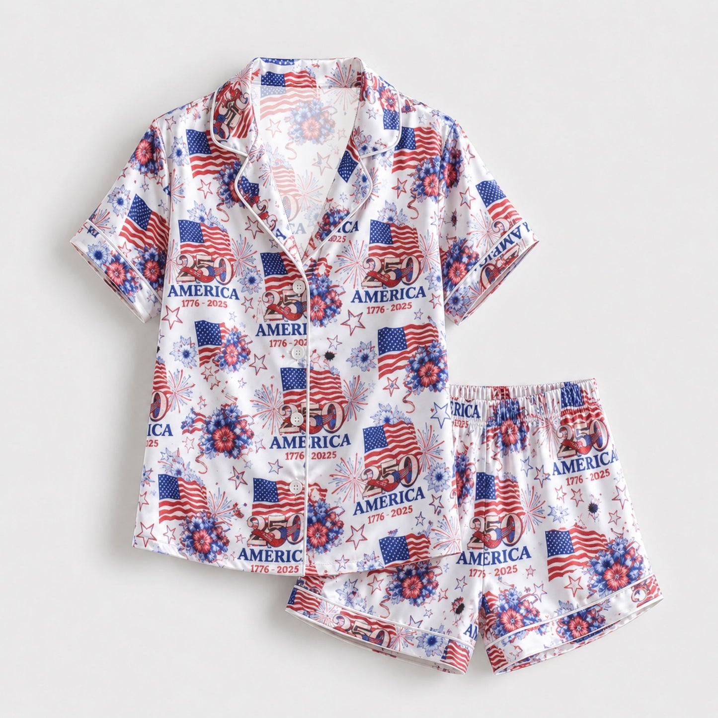 PJ-117-Patriotic Floral Satin Pajama Set With Colonial Drum Flag Print And Button Up Shirt