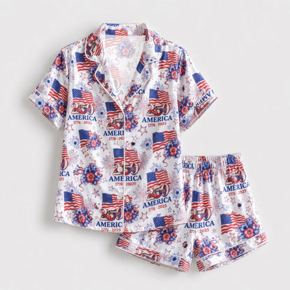 PJ-117-Patriotic Floral Satin Pajama Set With Colonial Drum Flag Print And Button Up Shirt