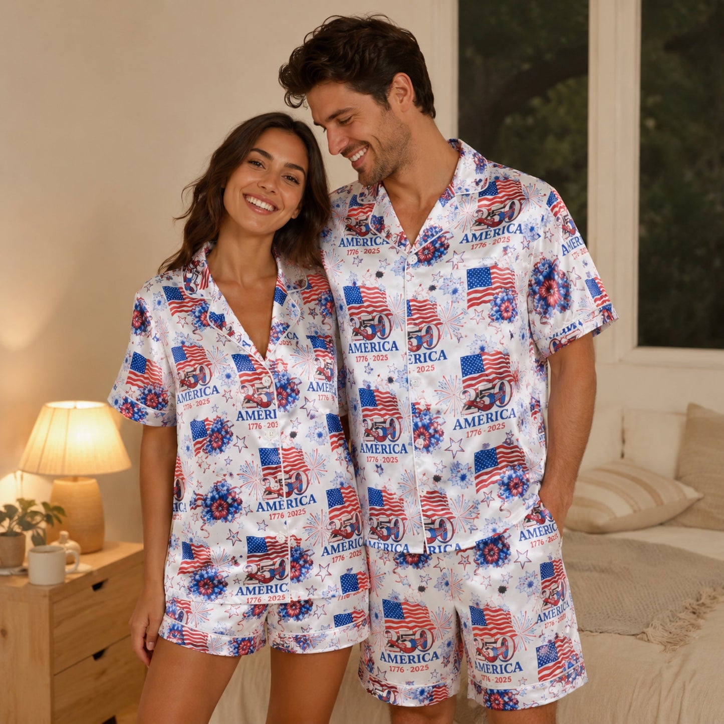 PJ-117-Patriotic Floral Satin Pajama Set With Colonial Drum Flag Print And Button Up Shirt