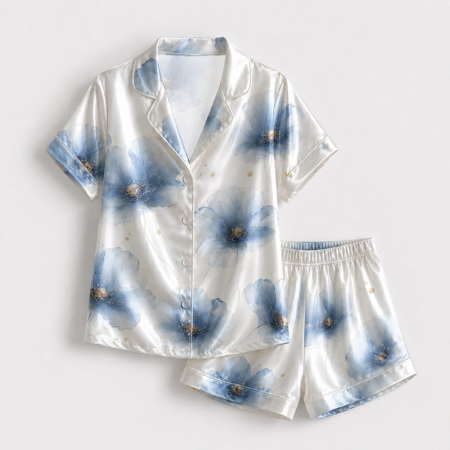 PJ-119-Watercolor Blossom Satin Pajama Set, Graphic Poppy Patterned Multicolor Unisex Loungewear Nightwear Apparel