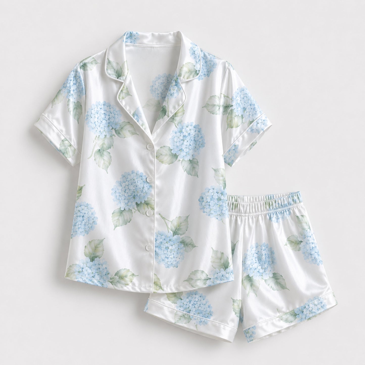 PJ-120-Unisex Hydrangea Floral Print Satin Pajamas Botanical Loungewear Sleepwear Nightwear Blue White Pjs Two Piece Set