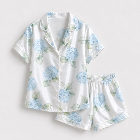 PJ-120-Unisex Hydrangea Floral Print Satin Pajamas Botanical Loungewear Sleepwear Nightwear Blue White Pjs Two Piece Set