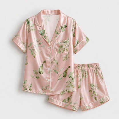 PJ-121-Unisex Eucalyptus Leaves Print Satin Pajamas Botanical Loungewear Sleepwear Nightwear Blush Pink Pjs Two Piece Set