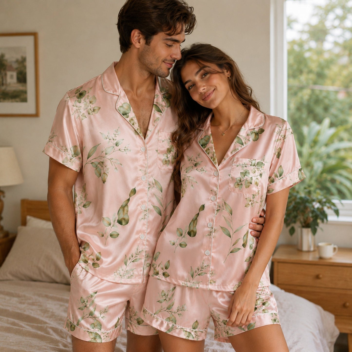 PJ-121-Unisex Eucalyptus Leaves Print Satin Pajamas Botanical Loungewear Sleepwear Nightwear Blush Pink Pjs Two Piece Set