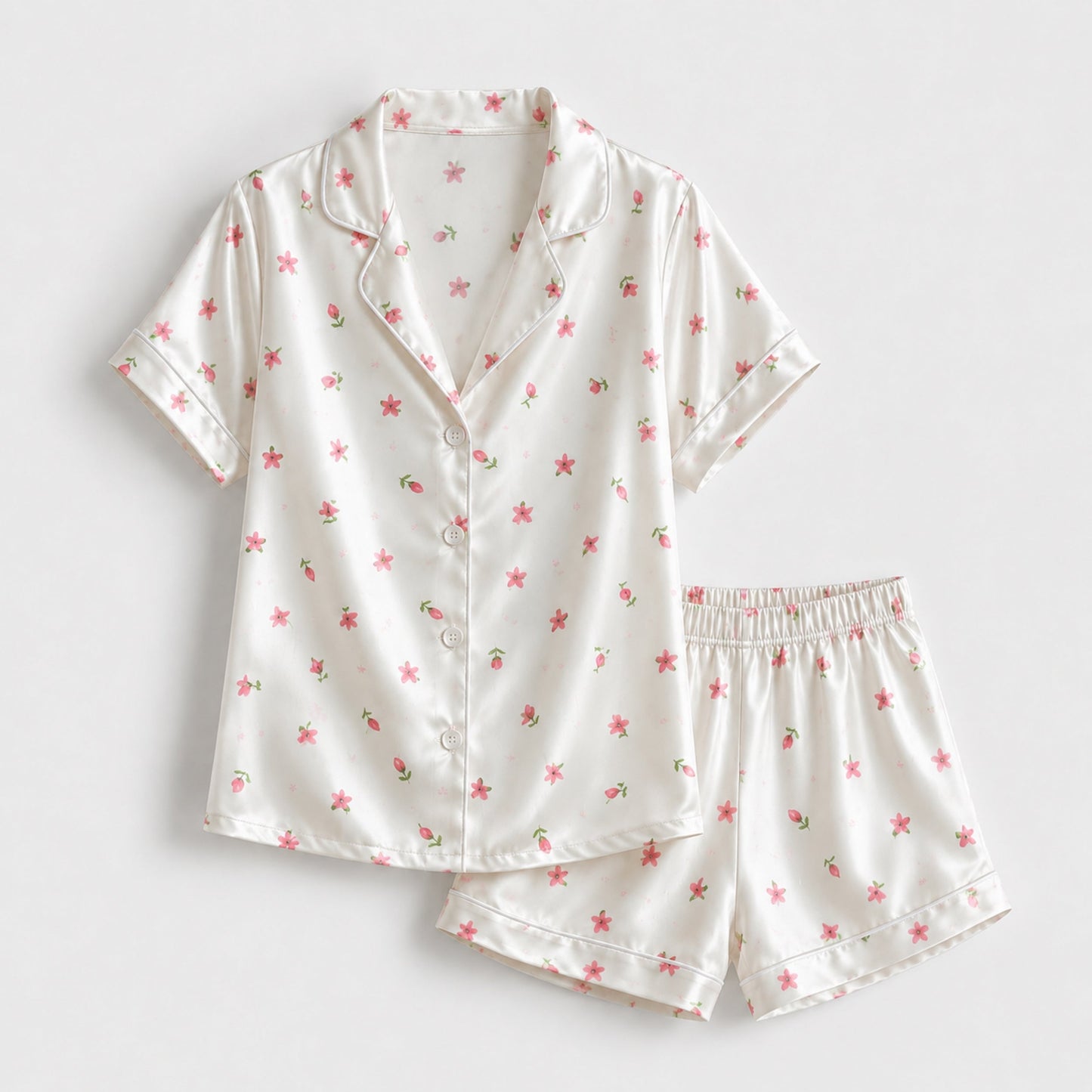 PJ-122-Women Ditsy Floral Print Satin Pajamas Tiny Blossom Loungewear Sleepwear Nightwear Pink White Pjs Two Piece Set