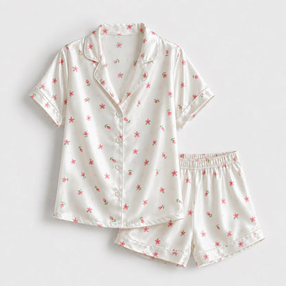 PJ-122-Women Ditsy Floral Print Satin Pajamas Tiny Blossom Loungewear Sleepwear Nightwear Pink White Pjs Two Piece Set