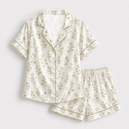PJ-123-Cream Sage Greenery Leaf Print Satin Pajamas Cottagecore Botanical Loose Fit Loungewear Sleepwear Nightwear Pjs Clothing Set